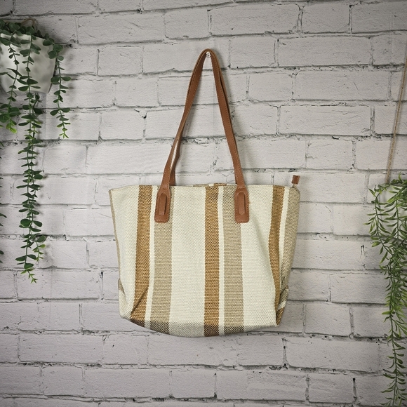 Striped Tan and Cream Tote Bag - Picture 1 of 6